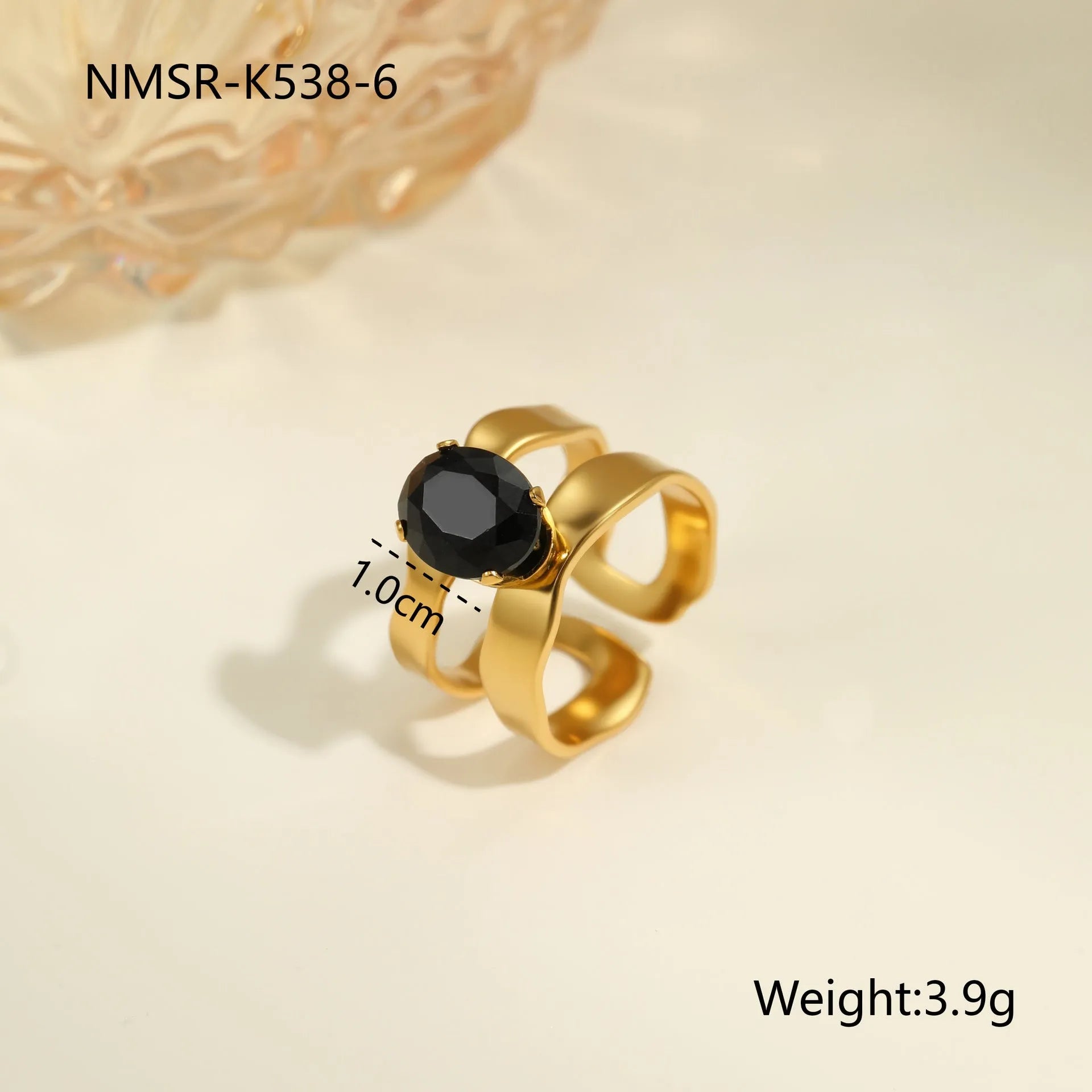 Geometric open mouth stainless steel ring with zircon stones and electroplated finish