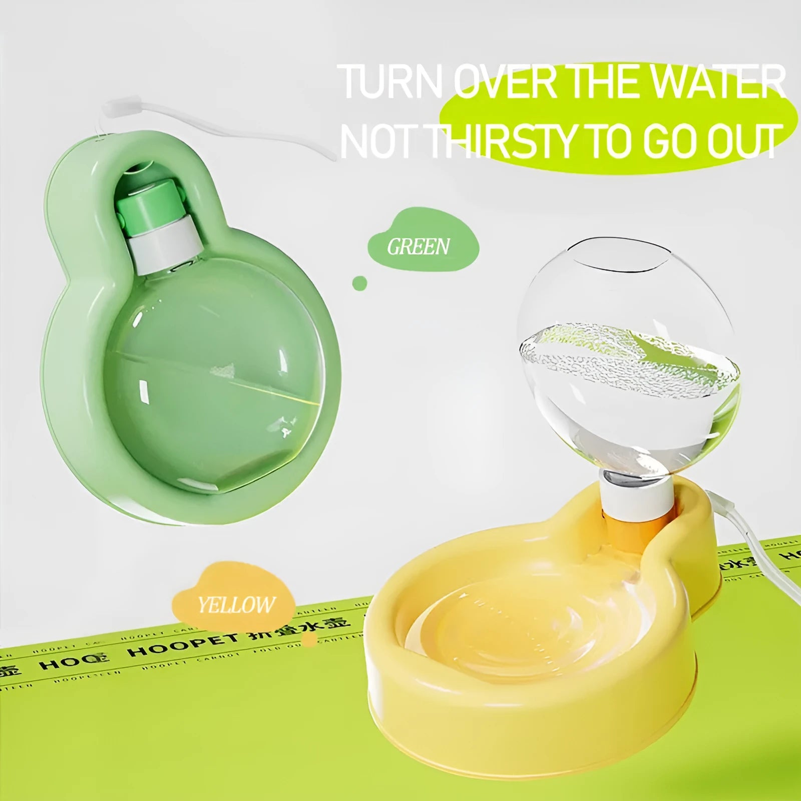 Green portable dog water bottle with pull-out drinking bowl for outdoor travel and camping.