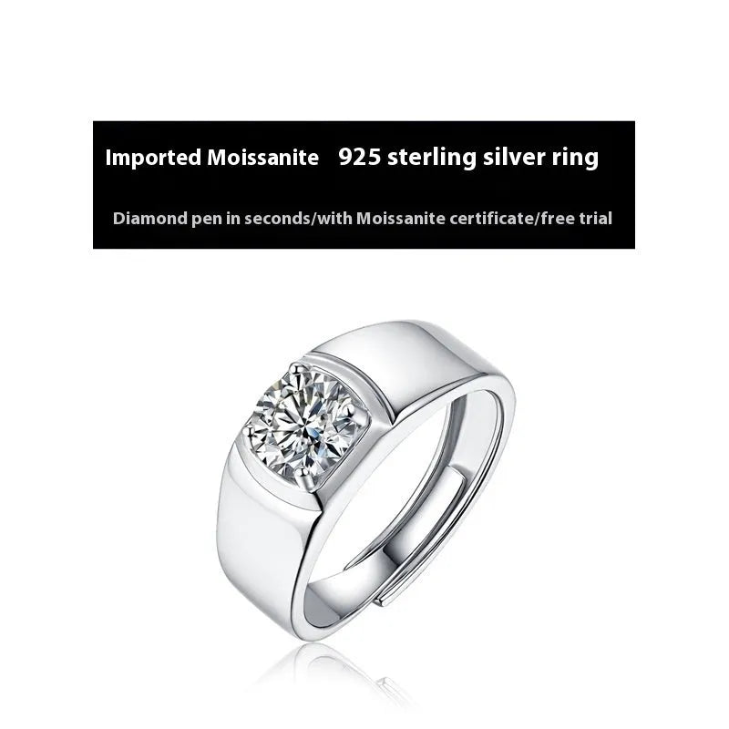 S925 sterling silver men's adjustable moissanite ring with four-claw setting and glossy finish.