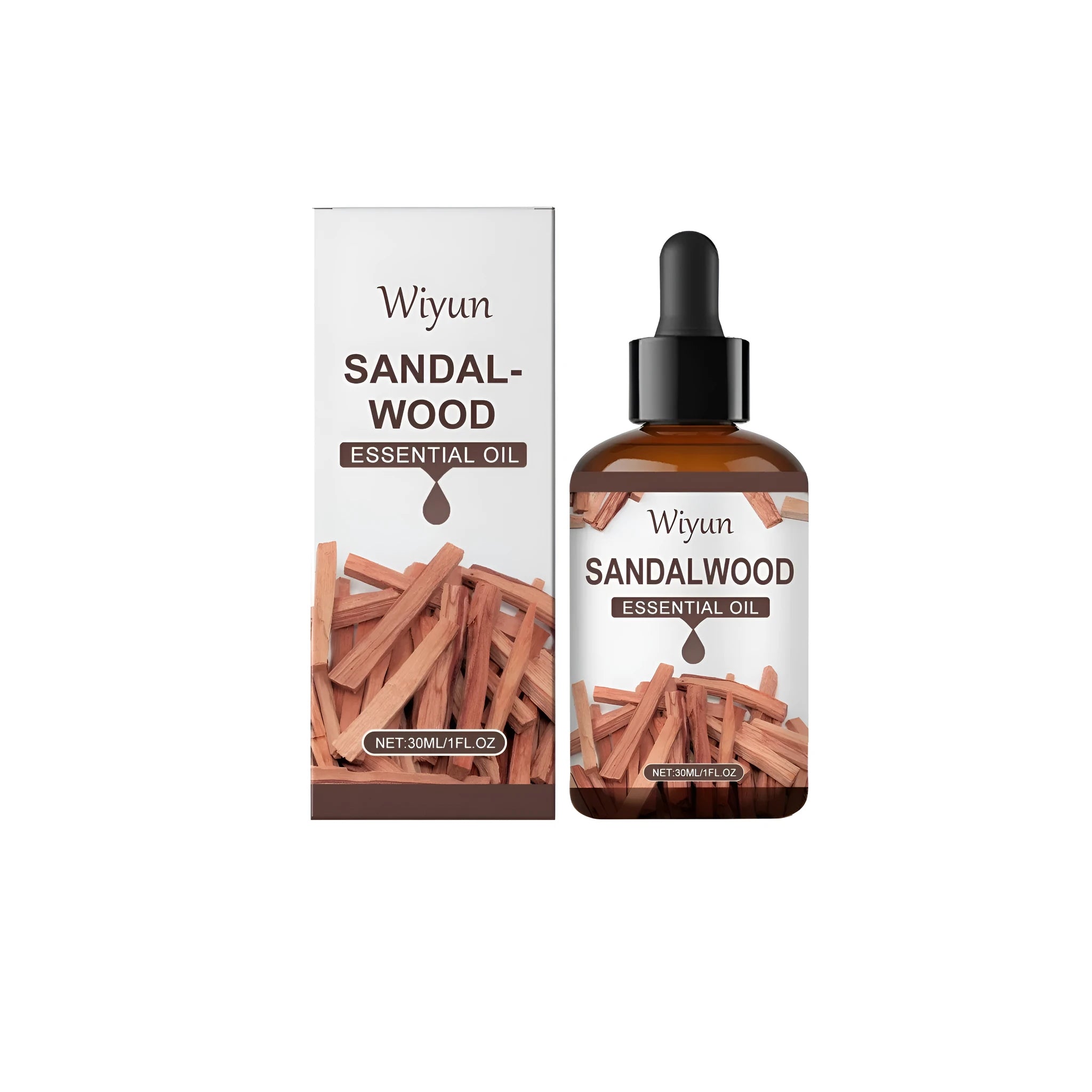 30ml glass bottle of amber sandalwood essential oil with a dropper.