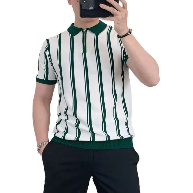 Men's Korean style vintage stripe casual t-shirt with front zipper and cartoon pattern