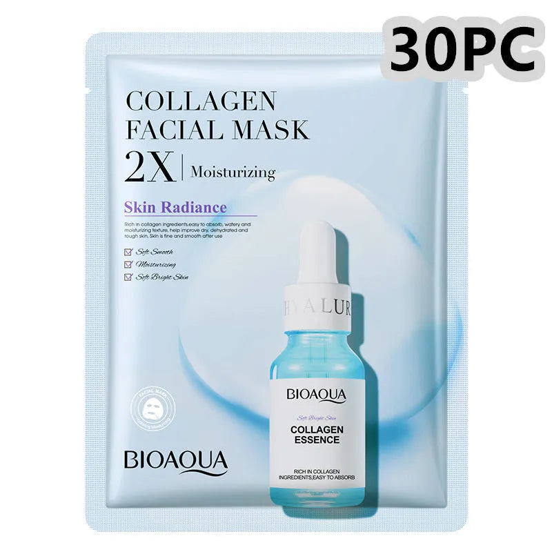 Single sheet of a white collagen face mask and a multi-pack box of 30g facial sheet masks.