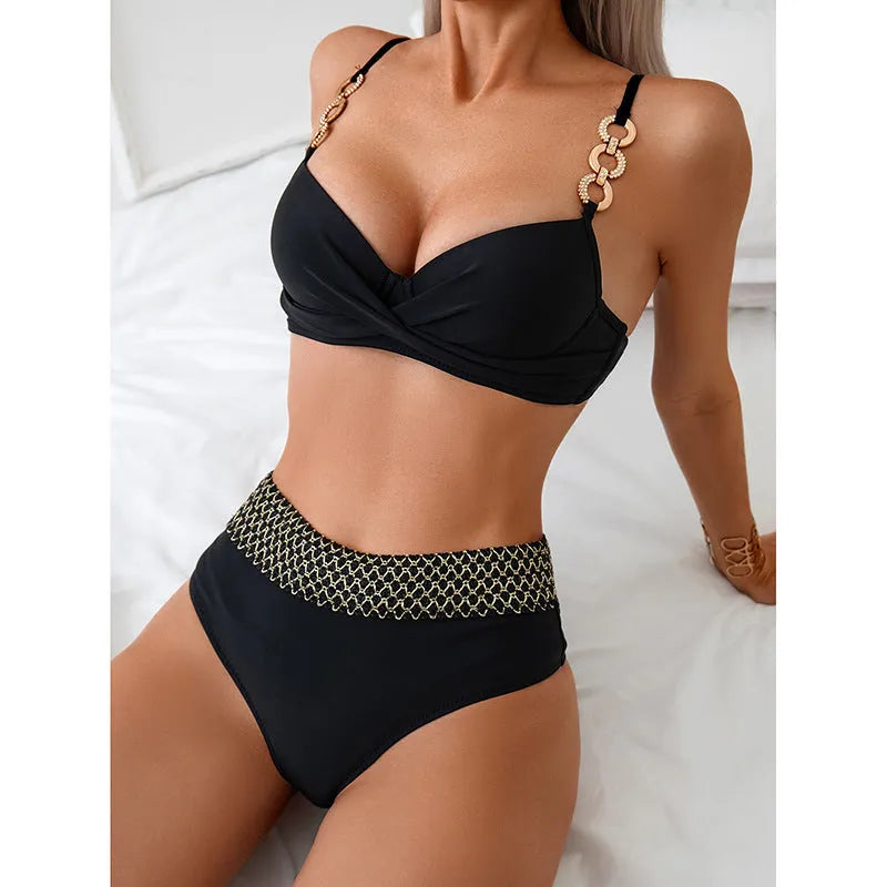 Black European and American style bikini swimsuit with high elasticity polyester construction