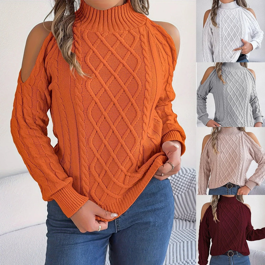 Women's grey strapless acrylic sweater with twisted pattern, half-high collar, and long lantern sleeves
