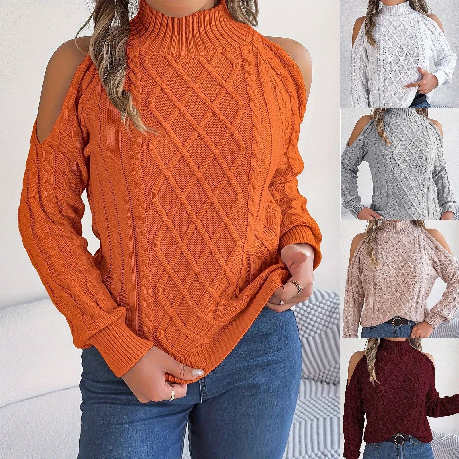 Women's grey strapless acrylic sweater with twisted pattern, half-high collar, and long lantern sleeves