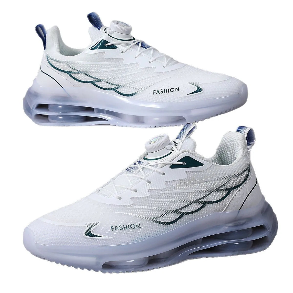 White Korean-style men's casual running shoes with mesh upper and rubber sole on size 39-45 display
