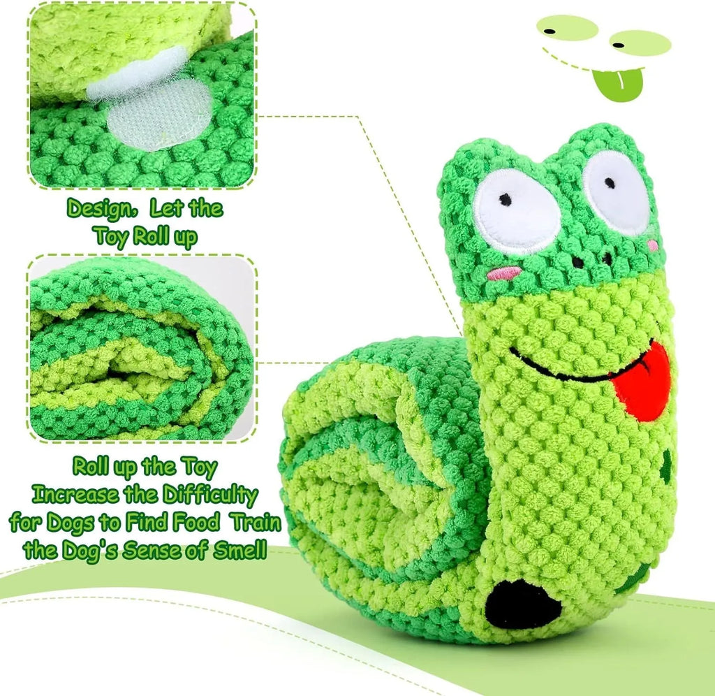 Transformable squeak dog toy in snail shape with hidden food holes for foraging training