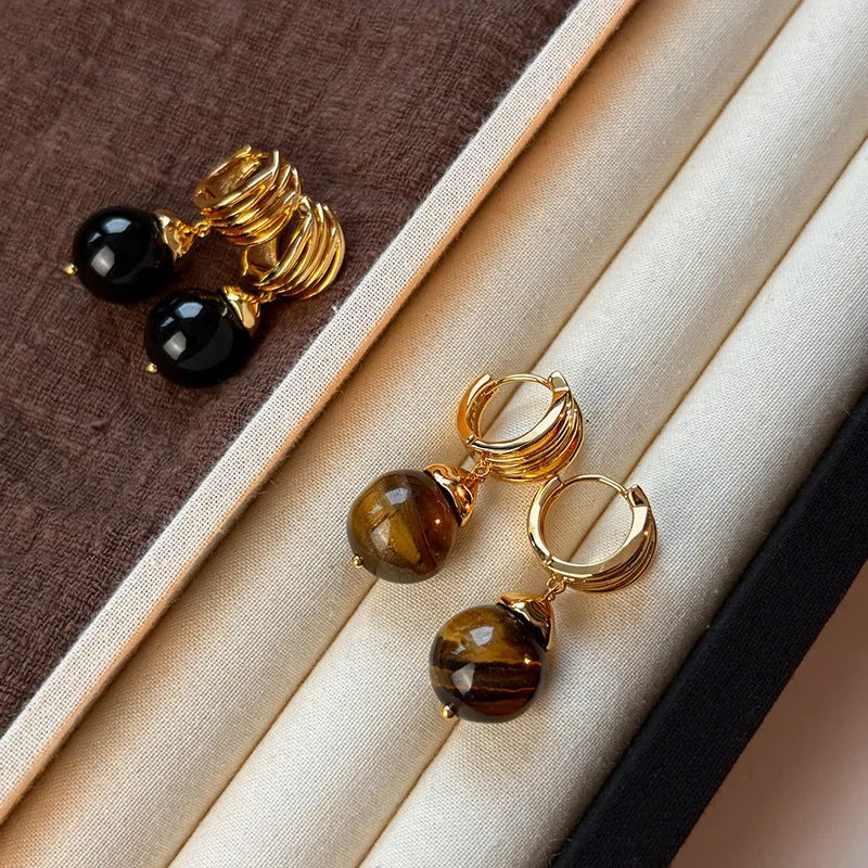 Brown Tigereye stone geometric circle earrings with gold plated Maillard chain in French retro style