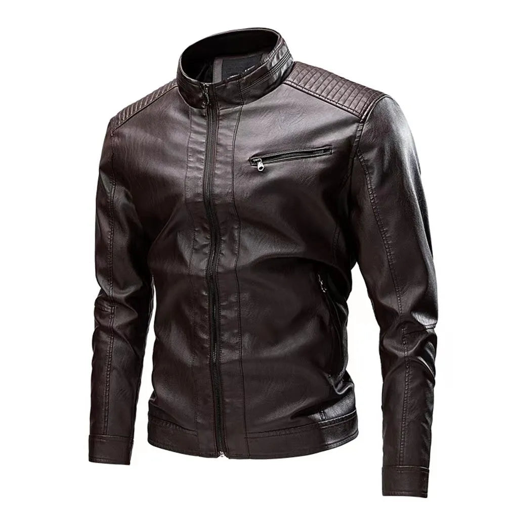 Men's PU leather motorcycle jacket in black with stitching, side pockets, and regular fit