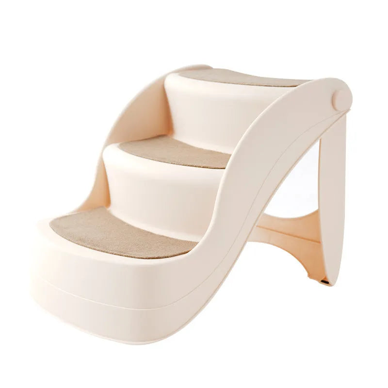 Foldable plastic pet stairs with three steps and non-slip mats in light coffee colour