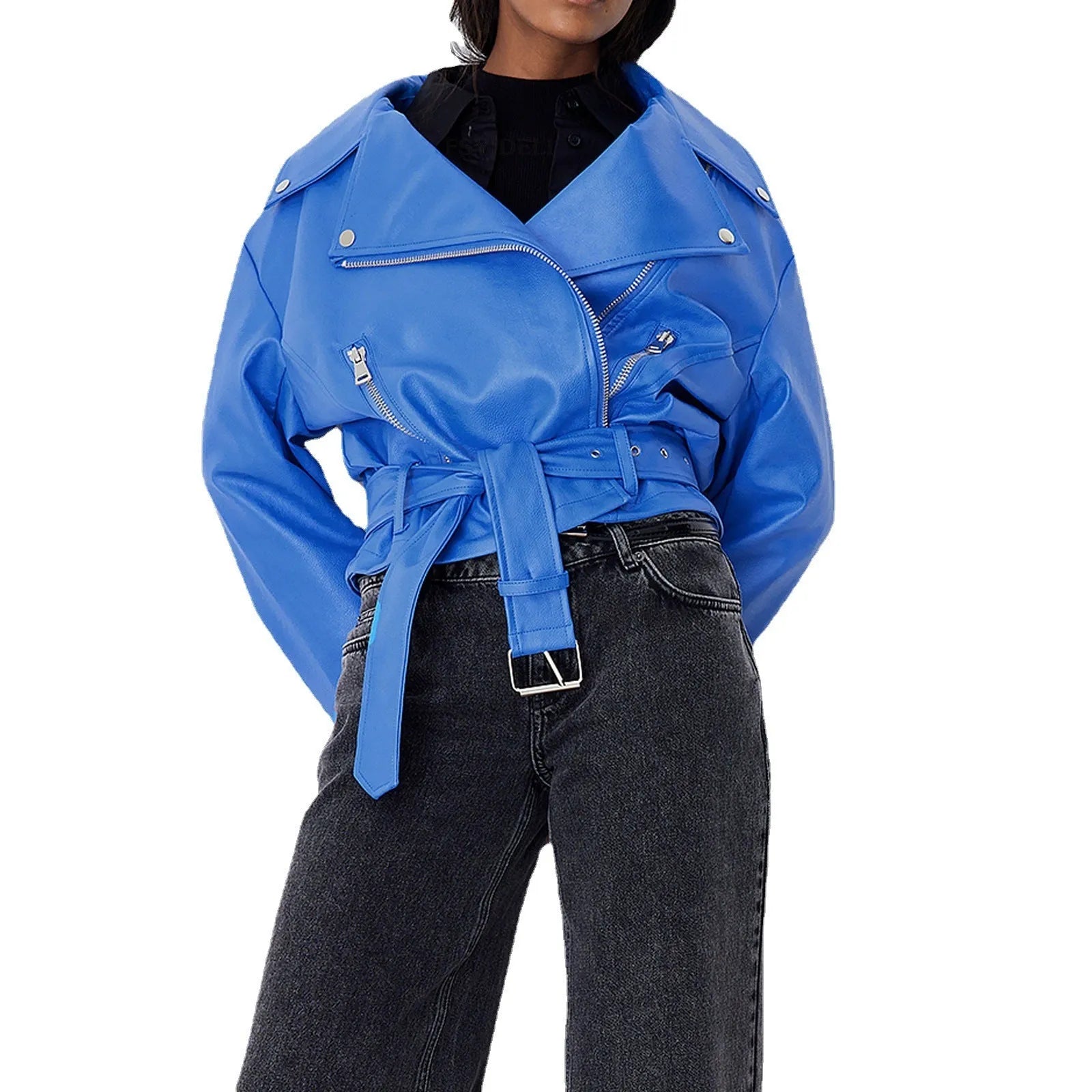 A black punk-style jacket with a lapel, short belt, and Peter Pan collar on a hanger.