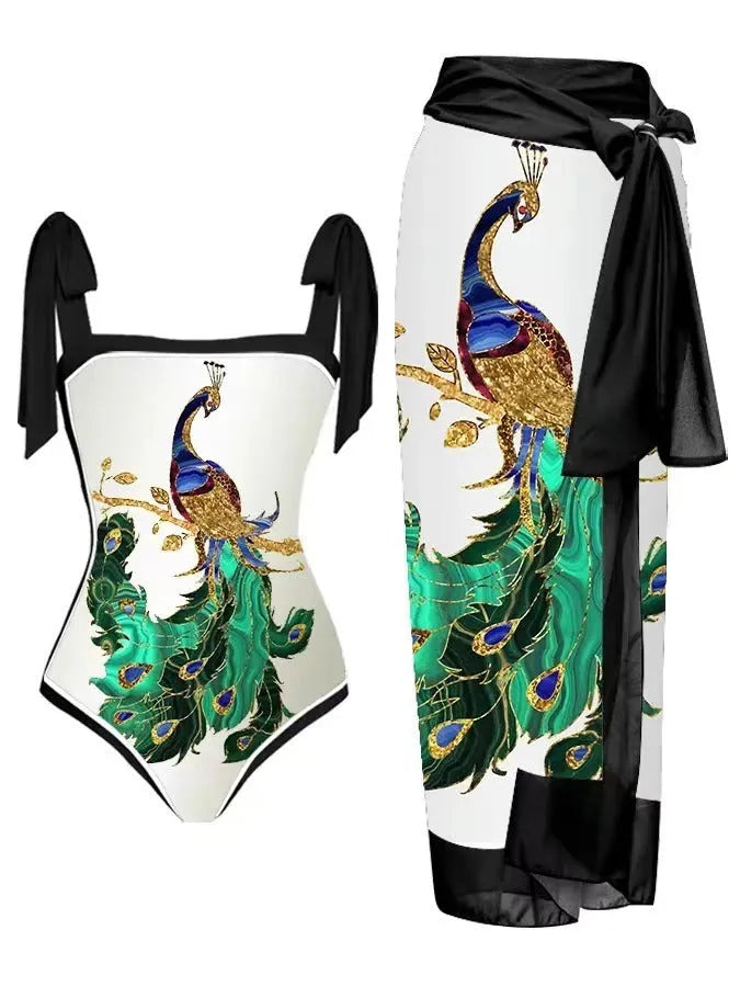 Women's floral print chiffon swimsuit with matching skirt for swimming