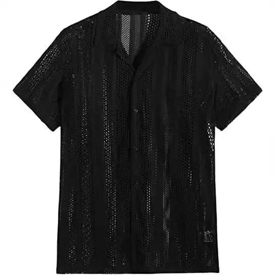 Men's black and white jacquard knitted short-sleeved cardigan shirt with button front
