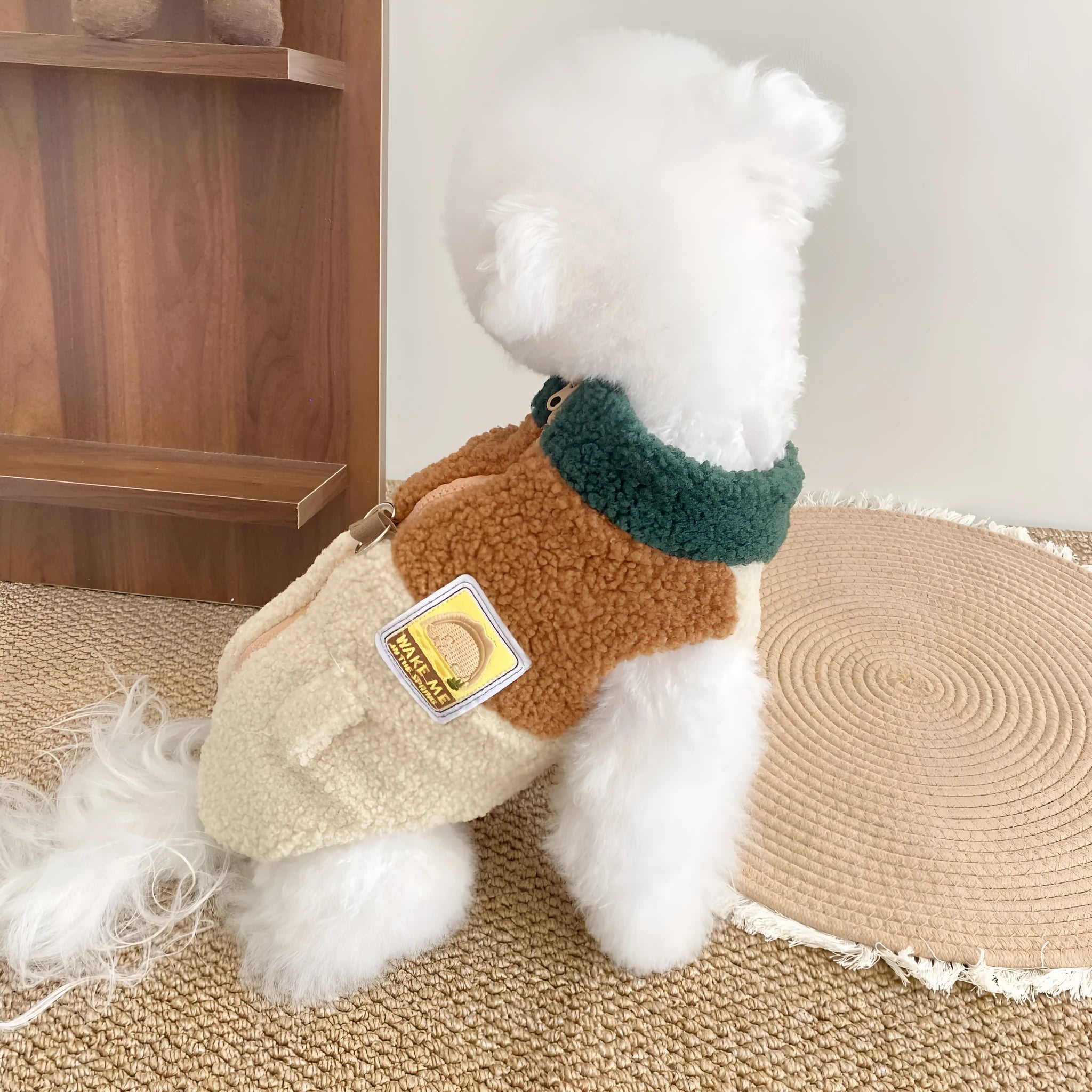 Lomi Brown denim-style polyester traction vest for dogs, side view, sizes XS to XL