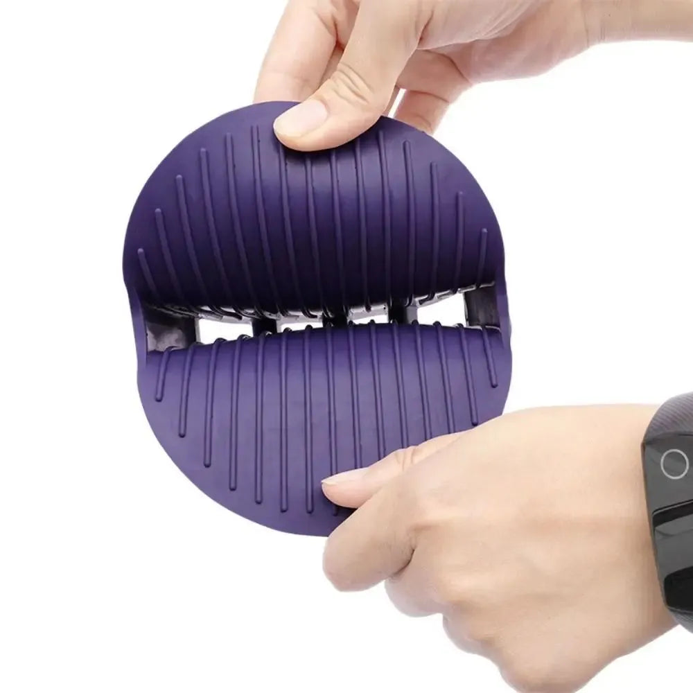Purple soft TPR dual-sided pet massage brush for dog grooming and shampooing with ergonomic handle