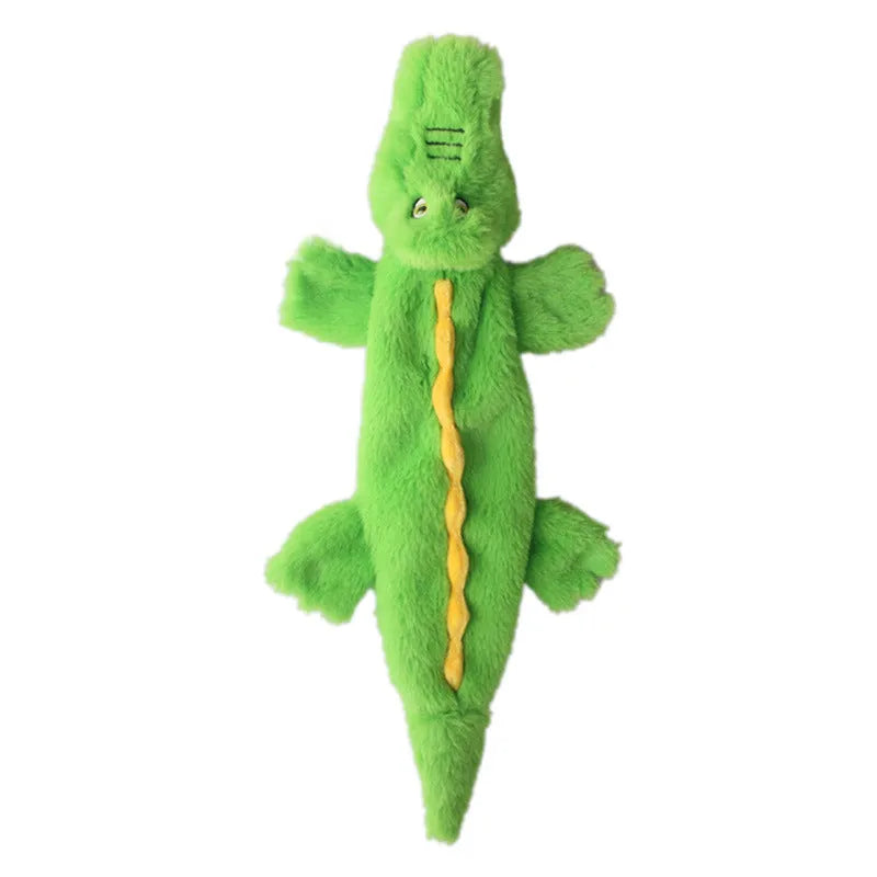 Green crocodile-shaped plush dog toy with no stuffing, for aggressive chewers