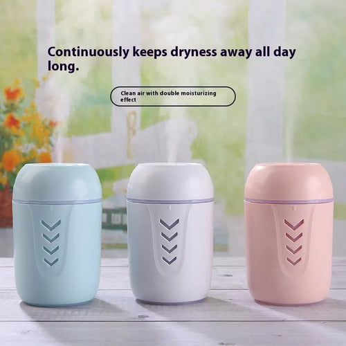 Compact round white portable air purifier with USB cable on a car dashboard and office desk.