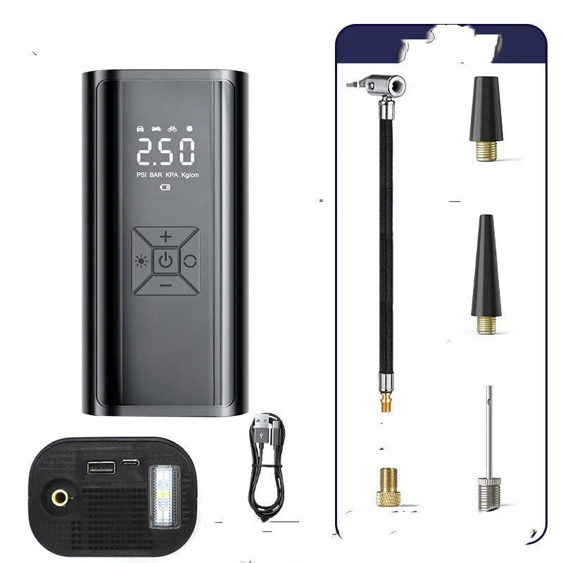 Portable wireless digital display car tyre pump with LED screen and USB port