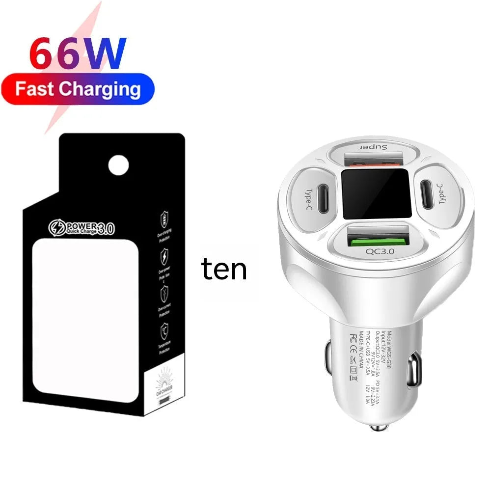66W digital display car charger with two USB and two Type-C ports on a black background
