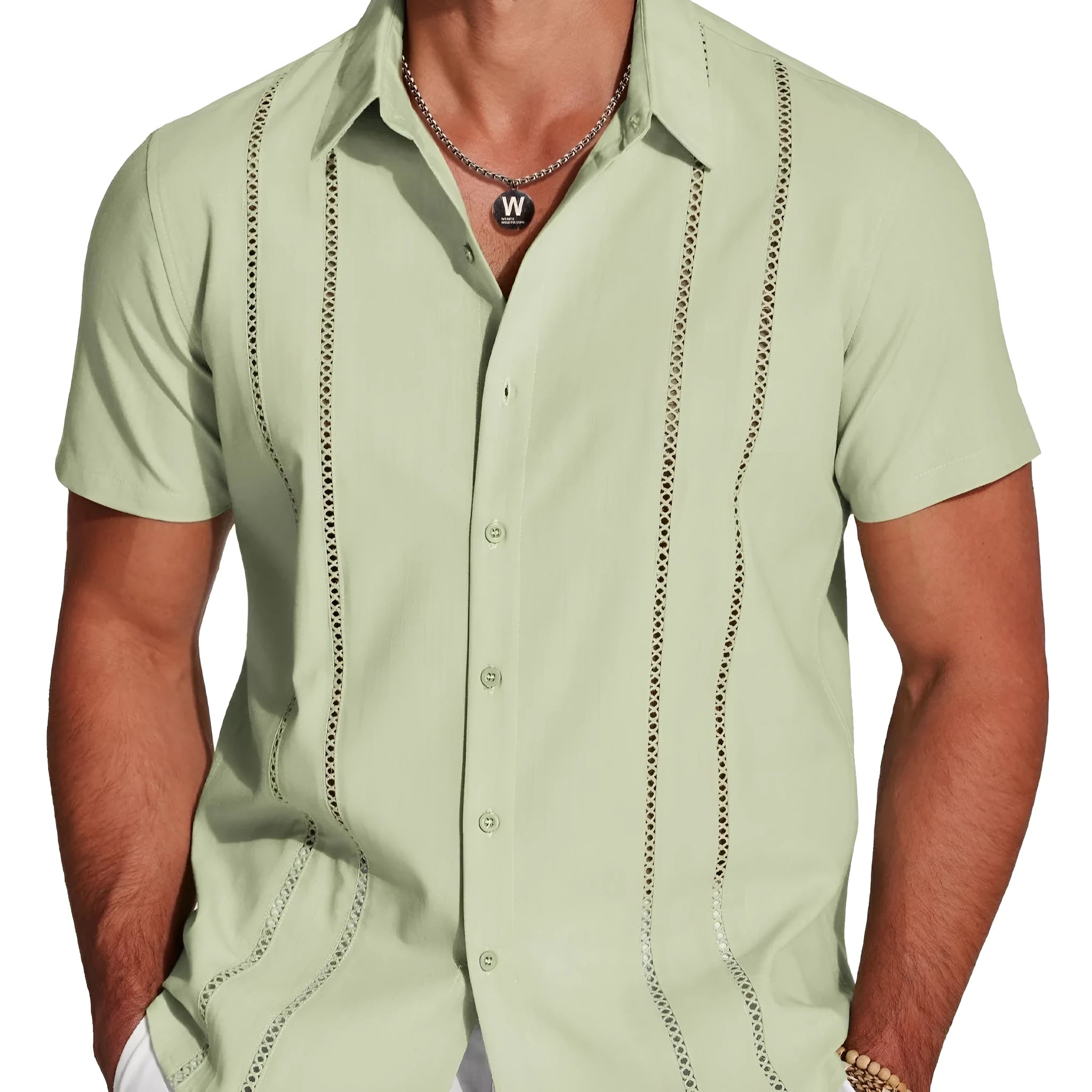 Men's slim fit Hawaiian shirt with colourful digital print pattern on polyester fabric.