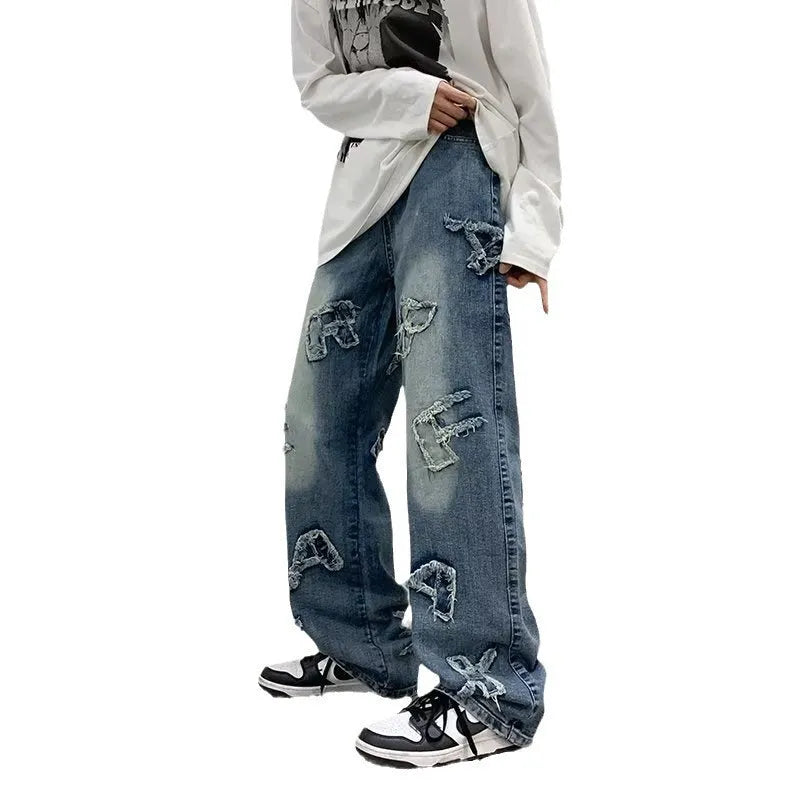 Blue men's loose retro wide-leg cotton casual trousers with mid-rise waist