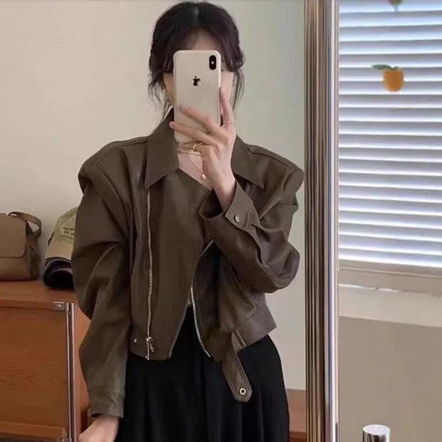 Women's retro brown leather-style coat jacket with slim fit and street fashion styling
