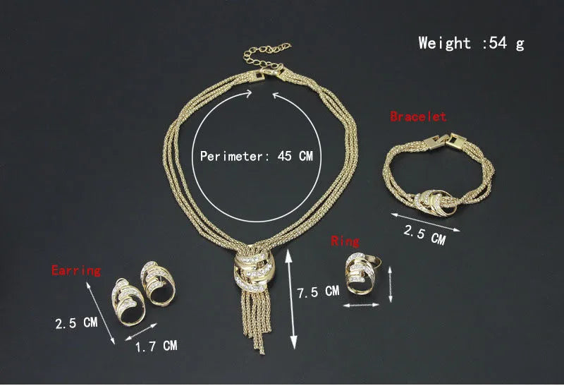 Gold alloy jewelry set with necklace, bracelet, earrings, and ring on a neutral background