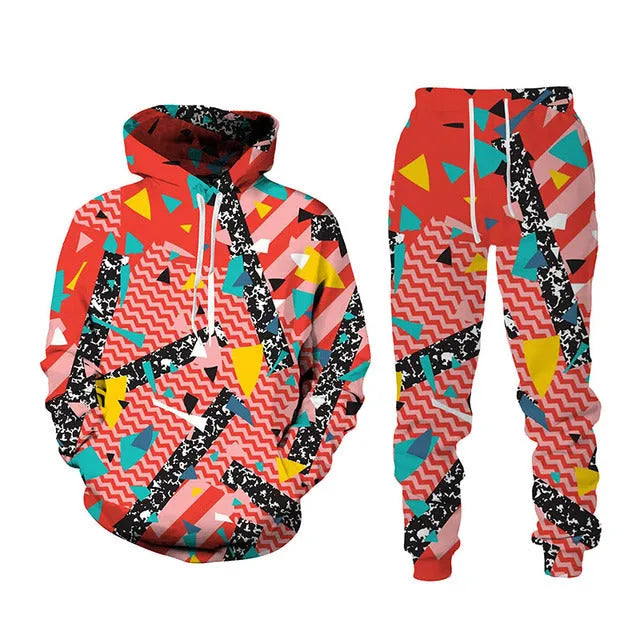 3D printed sports hoodie set for men with loose fit top and long pants in black