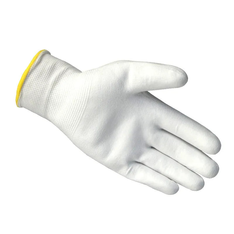White PU coated work gloves showing palm coating detail, laid flat to display 24 cm length and L/M size labels