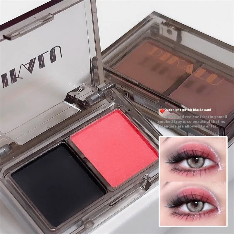 Cool two-tone eye shadow plate showing five colour classifications with matte and shimmer finishes