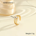 Gold-coloured adjustable stainless steel ring with zircon geometric shapes on white background.