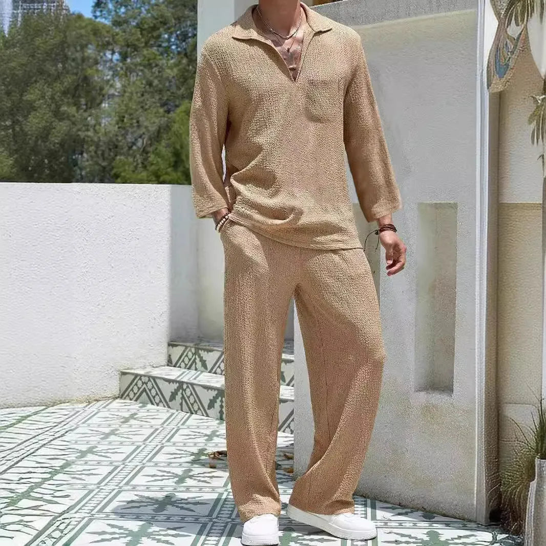 Men's casual polyester shirt trousers suit in black, caramel, khaki or lake blue colours with shirt jacket design