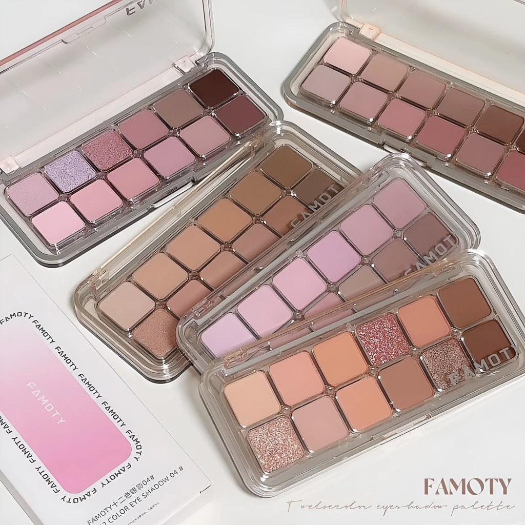 12-colour eyeshadow palette with earth tones, shimmer and matte finishes, 12g net content