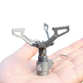 Silver titanium mini camping gas stove with rotary flame, 25g weight, portable for outdoor use