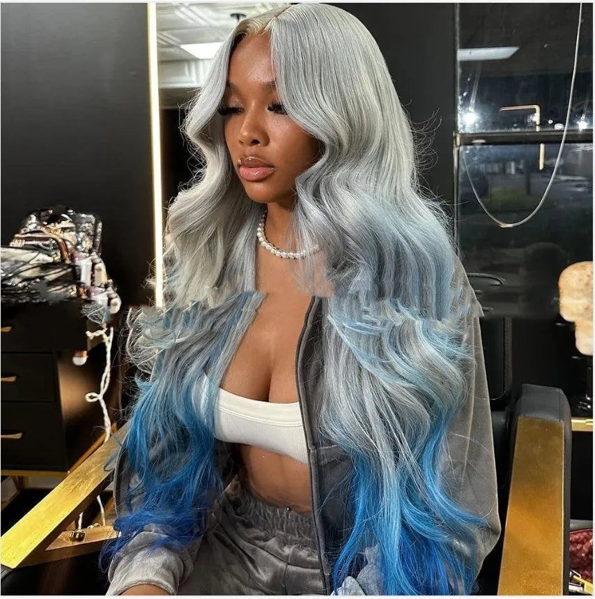 Gradient grey blue human hair lace front wig with 4x4 construction showing colour blend
