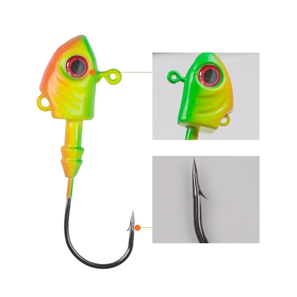 Yayu shaped lead head fishing hooks in blue, silver, yellow with weights from 3.5g to 28g and soft baits.