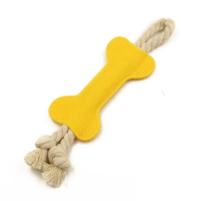 Bone shaped dog toy with rope knot design in choice of four colours for bite resistant training