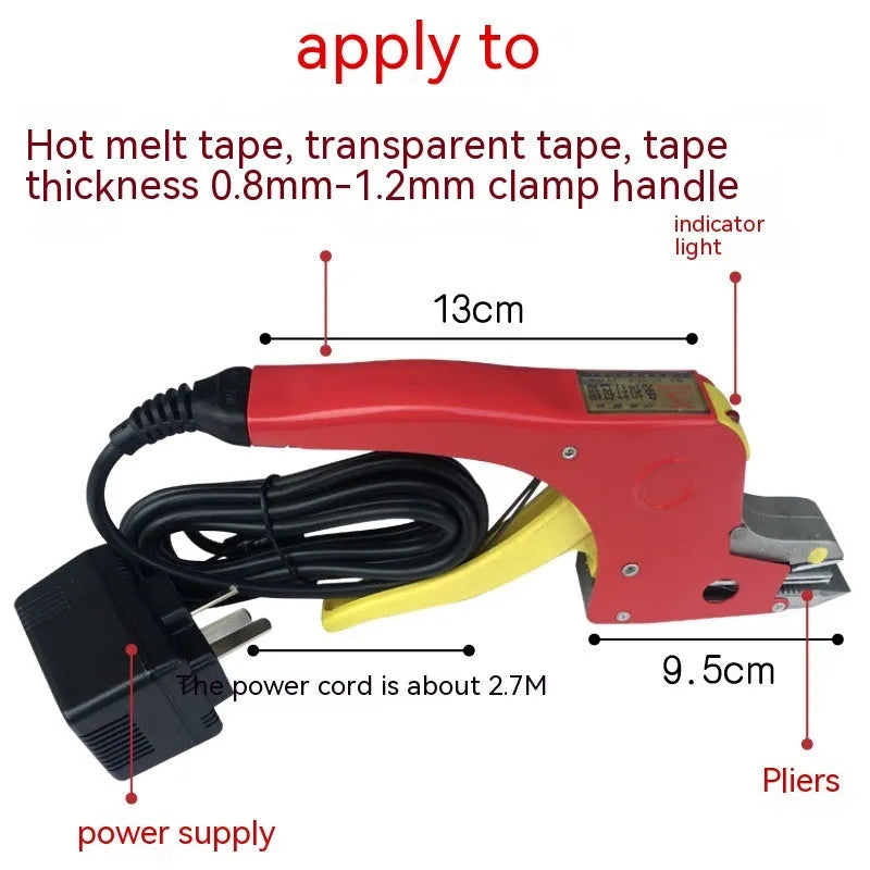 Portable electric hot melt packing machine with plastic steel tensioner and yellow packaging tape.