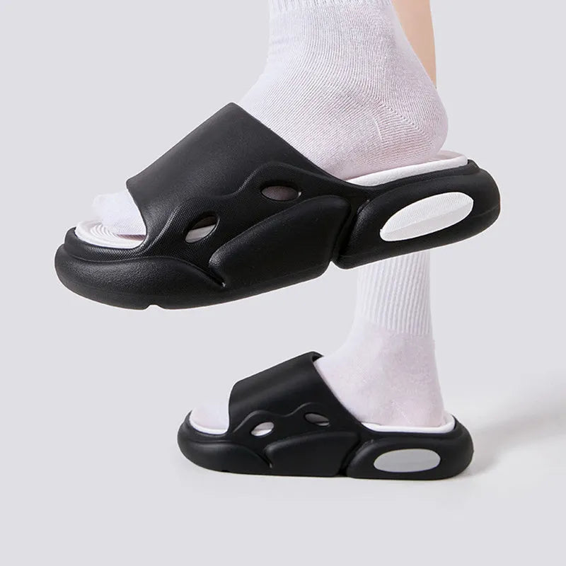 Women's two-colour thick-soled slippers in EVA with leather lining for indoor and beach use