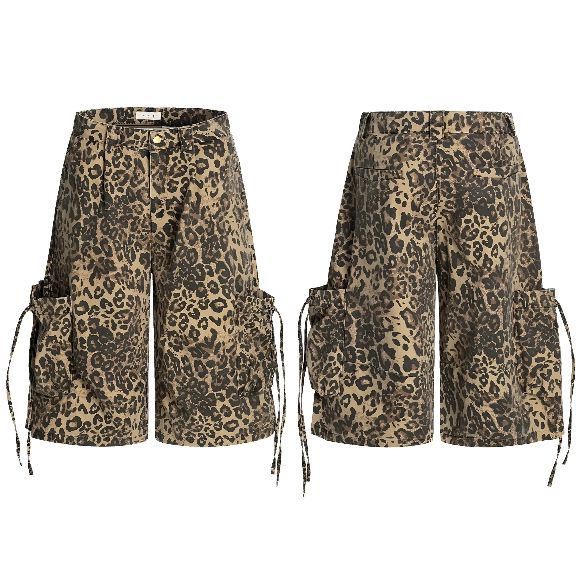 Women's loose straight cropped pants in a leopard print pattern with a high waist and button fly.