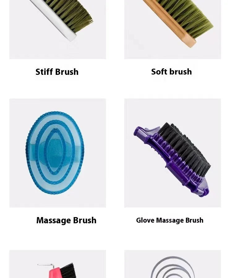 Equestrian supplies 10-piece horse brushing tool set with PP brushes, aluminum combs, and storage bag