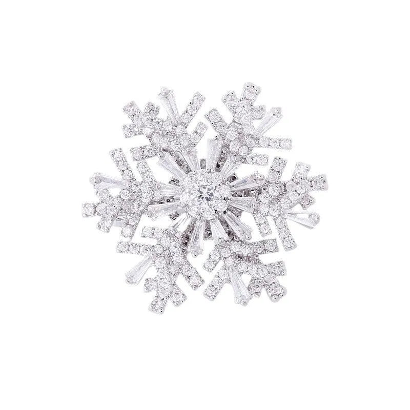 Luxury spinning snowflake brooch in alloy with diamond treatment, rotating silver snow crystal white, women's pin
