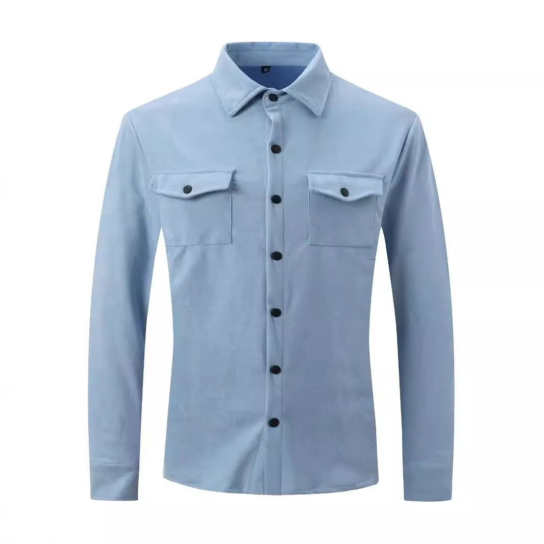 Men's turn-down collar casual jacket in solid colour with 3D patch pockets and loose fit