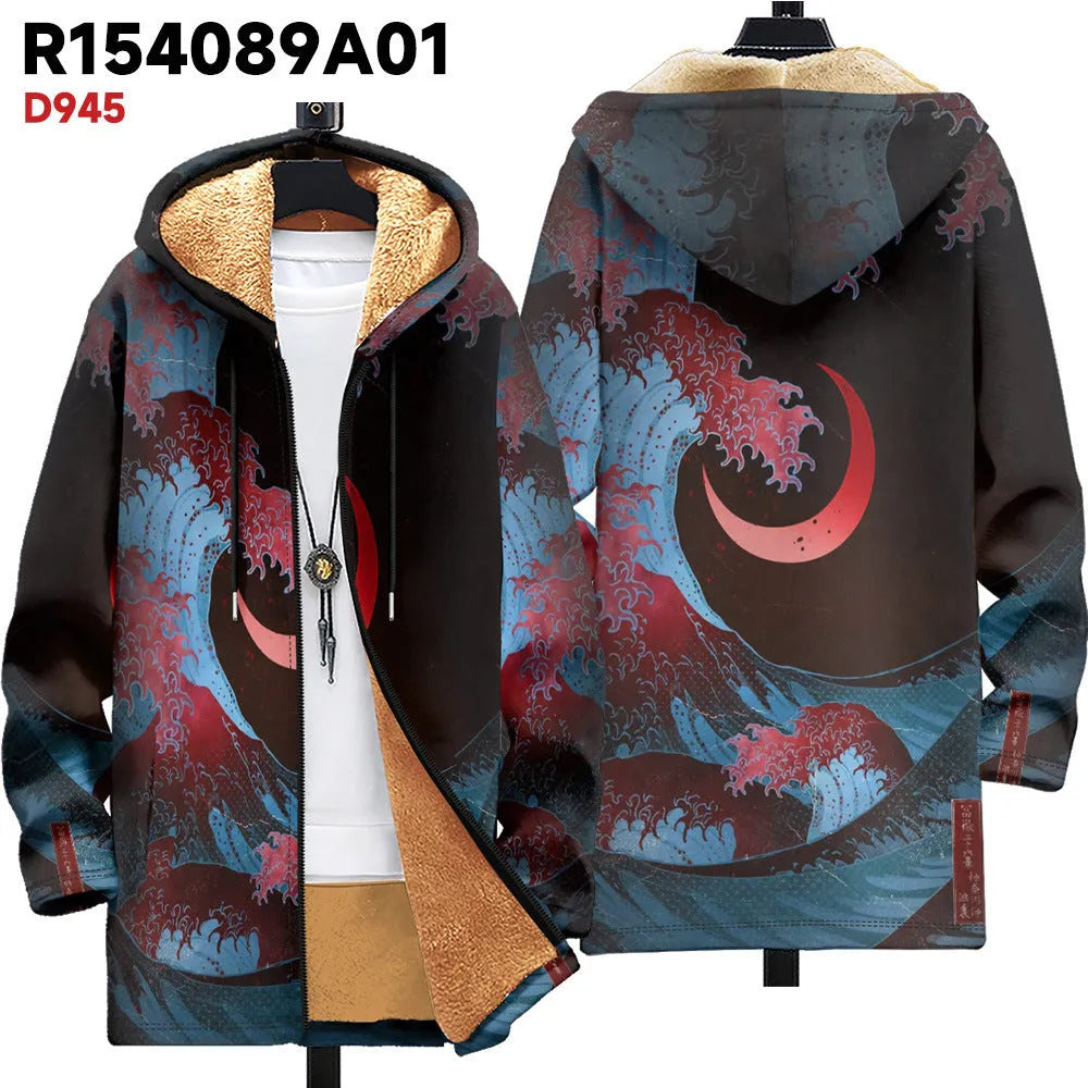 Men's hooded zip-front cardigan with multicolour digital print pattern in loose fit