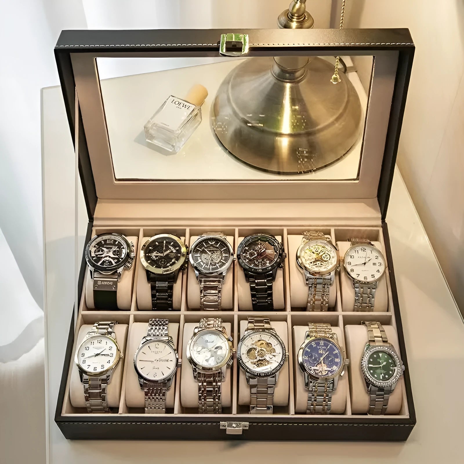 Grey leather watch storage box with transparent dustproof lid showing multiple capacity size options