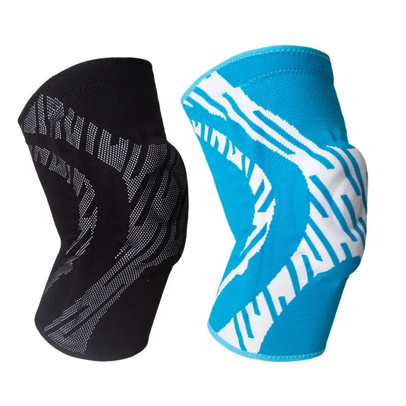 Men's black basketball knee pads showing compression fit and protective kneecap design