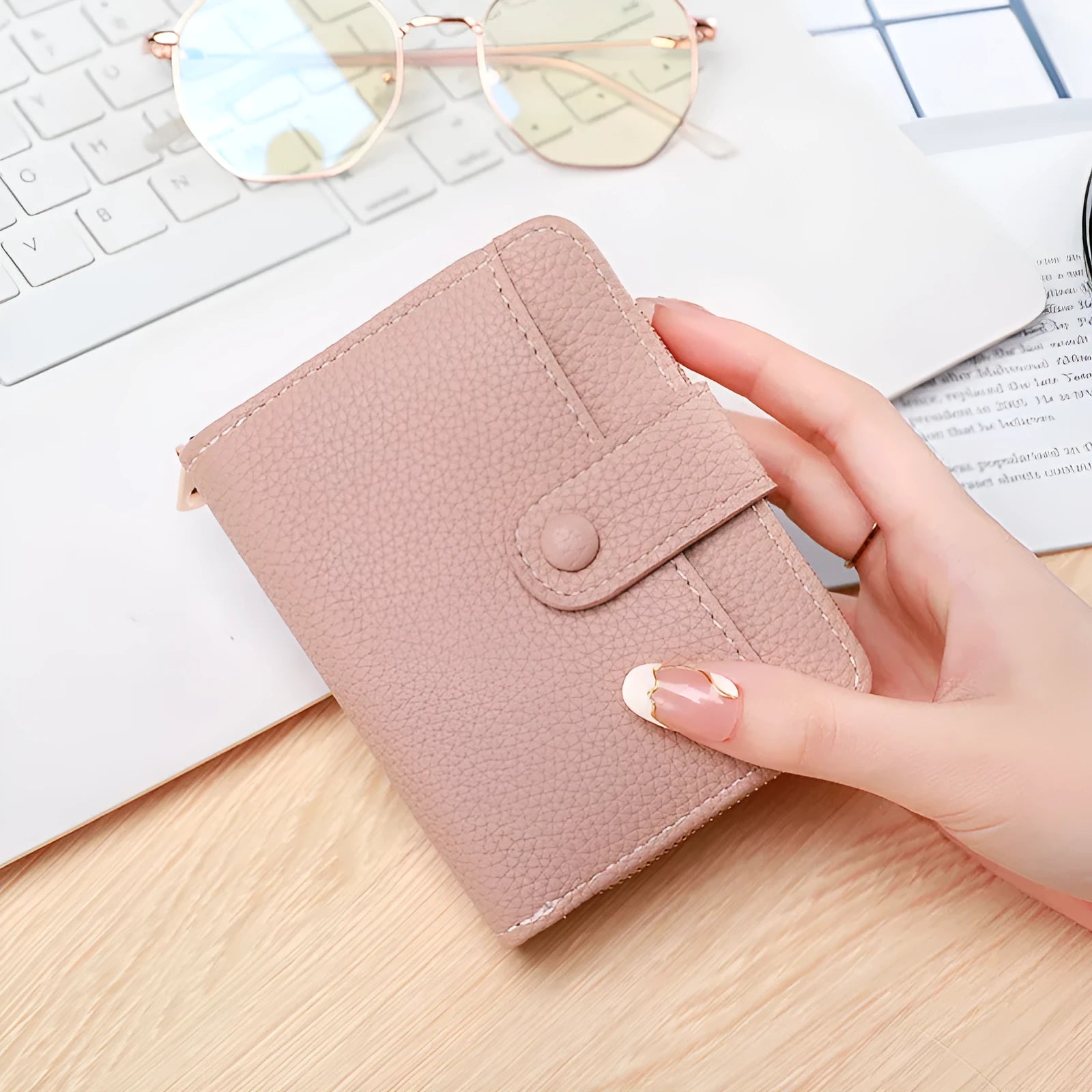 Ladies' short PU leather wallet with lychee pattern, shown in bifold open view.