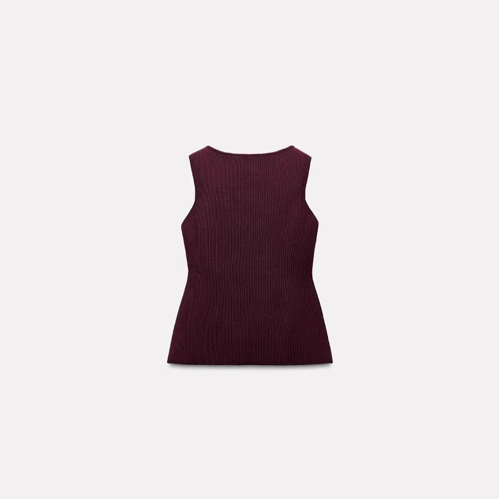 Slim fit dark red viscose vest with 3D pattern detailing and gold button front