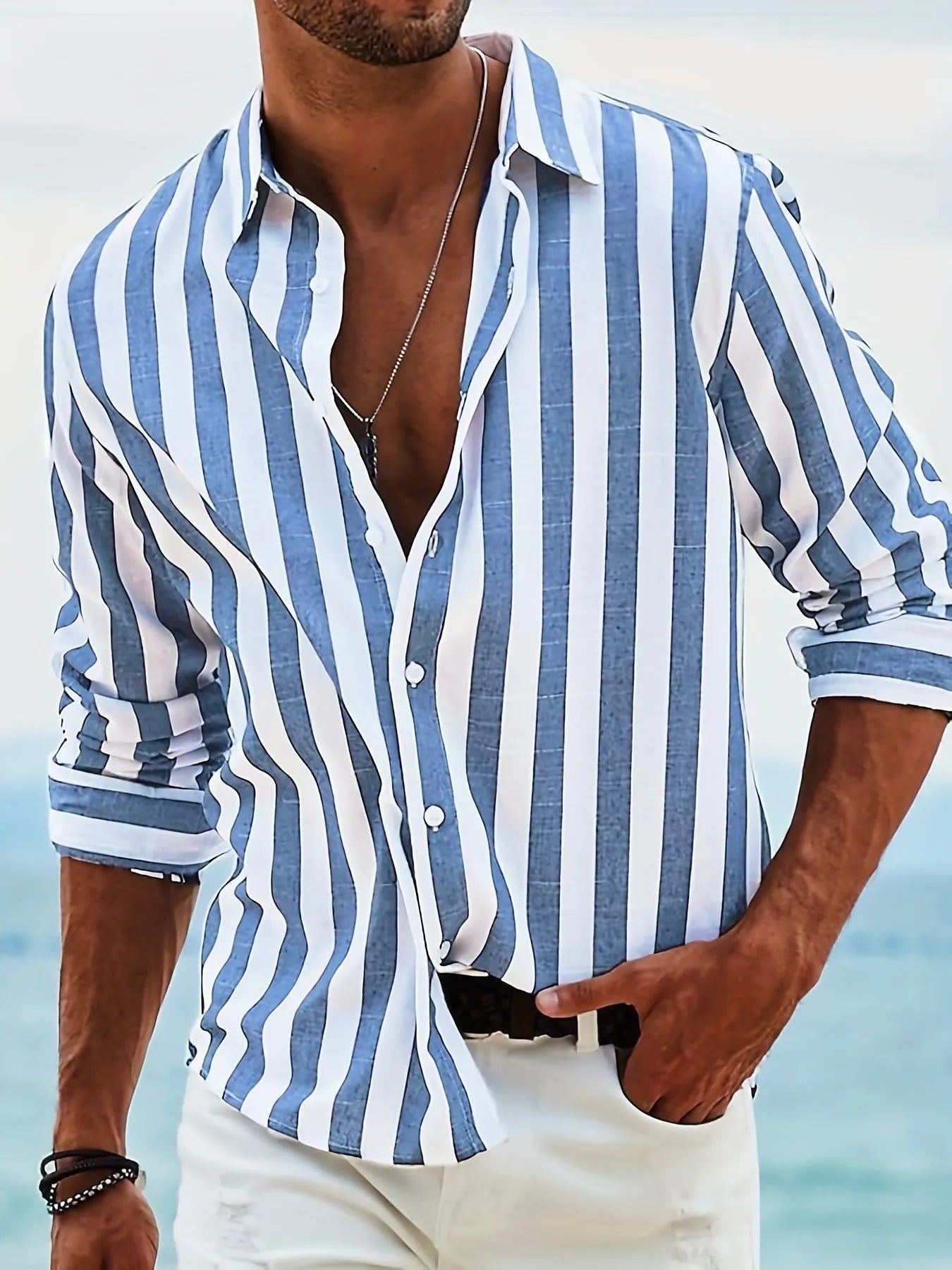 Men's yarn-dyed striped loose long-sleeved shirt in British style polyester fabric