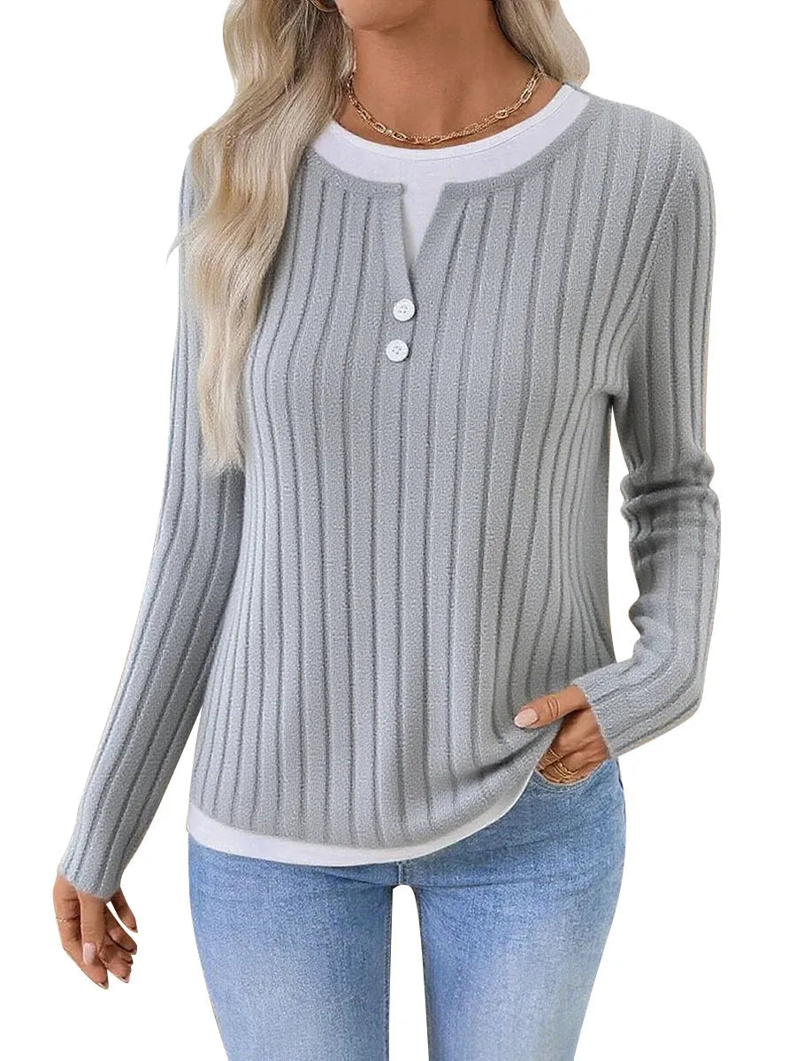 Women's fake two-piece pullover sweater with round neck and button detail in concave stripe polyester